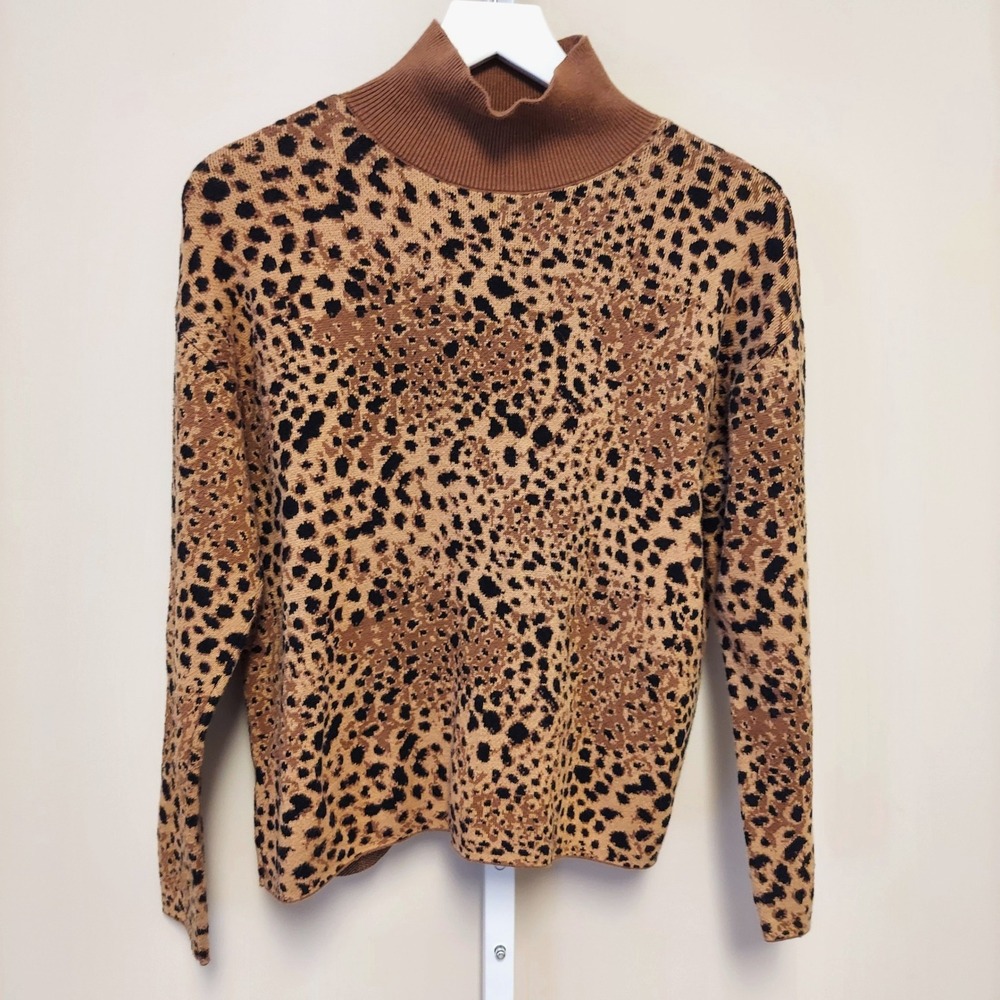 LOFT Leopard‎ Print Mock Neck Sweater Large Brown Black Knit Top Maximalist